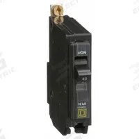 SQUARE D Miniature Circuit Breaker: 40 A, 120/240V AC, Single Phase, 10kA at 120/240V AC, 1 Poles (MPN QOB140). Key specifications — Phase: Single; Amps: 40 A; AC Voltage Rating: 120/240V AC; Max. AIR Rating: 10kA at 120/240V AC; For Use With: Square D NQOD Panelboards; Brand: SQUARE D.