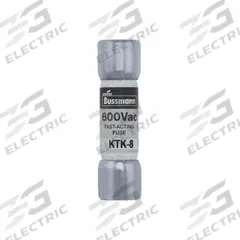 BUSSMANN Fuse: KTK Series, Midget, Fast-Acting, 8 A, 600 V AC, 13/32 in x 1 1/2 in, Non-Indicating (MPN KTK-8). Key specifications — attr1287209: KTK; attr211192: BUSSMANN.