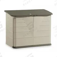 Outdoor Storage Shed: 32 cu ft, Green/Tan, 47 in L x 24 in D x 42 in H, Horizontal (MPN FG374701OLVSS). Key specifications — Brand: RUBBERMAID COMMERCIAL PRODUCTS; Product Type: Outdoor Storage Shed; Orientation: Horizontal; Material: Polypropylene; Resistance Properties: Impact Resistant; Lockable: Yes; Pattern: None; Color: Green/Tan.
