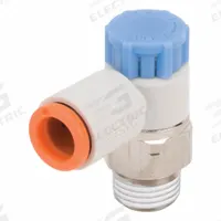 SMC Speed Control Valve: Elbow Fitting, Screw, 1/4 in/1/8 in Valve Body Size, 1/4 in Tube, Meter In (MPN AS2211F-N02-07S). Key specifications — attr947203: Brass/PBT; attr947205: SMC.
