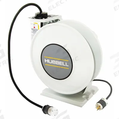 HUBBELL WIRING DEVICE-KELLEMS Extension Cord Reel: Ratchet Lock, 45 ft Cord Lg, 12 AWG, SJOW - Self-Retracting Cord Reels