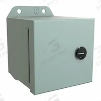 HAMMOND Electrical Enclosure: Steel, 4 in x 4 in x 4 in, NEMA 12/13/3R/4, w/Panel, Solid Cover (MPN EJ444). Key specifications — Closure Method: Latches; Brand: HAMMOND; Knockouts: Not Included.