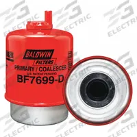 BALDWIN FILTERS Fuel Filter: Cartridge, 5 1/4 in Overall Lg, 3 5/16 in Outside Dia, Cellulose (MPN BF7699-D). Key specifications — attr1137520: BF7699-D; attr434022: BALDWIN FILTERS; attr427730: Cellulose; attr427731: Attached Grommet; attr1017112: Trucks; attr1017113: Barber-Greene.