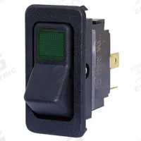 EATON Lighted Rocker Switch: 2 Positions, SPST, Off/On, Green (MPN 8005K25N113V32). Key specifications — AC Contact Rating: 10 A @ 250 V; DC Contact Rating: 15 A @ 28 V; Horsepower: 3/4 hp @ 250 V; Operator Illumination: Illuminated; Switch Color: Black; Terminal Connection Type: Screw Terminals; Includes Lamp Module: Lamp Module Included; Includes Lens: Lens Included.