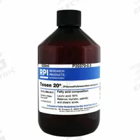 RPI Polyoxyethylenesorbitan, monolaurate (Tween 20): 500 mL Volume, Liquid, Plastic (MPN P20370-0.5). Key specifications — Form: Liquid; Brand: RPI; Chemical Grade: Lab; Container Material: Plastic.