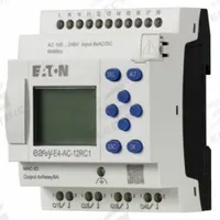 EATON Control Relay: (8) Digital, (4) Relay, 100 to 240V AC : 110/120V DC (MPN EASY-E4-AC-12RC1). Key specifications — attr211240: EATON; attr1072668: Clock Included; attr1075941: (8) Digital; attr1075943: (4) Relay.