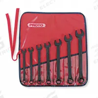 PROTO Combination Wrench Set: Alloy Steel, Black Oxide, 7 Tools, 15° Head Offset Angle, Offset (MPN J1200HBASD). Key specifications — attr309520: Black Oxide; attr309519: Alloy Steel; attr324929: PROTO; attr309512: Canvas Pouch; attr309522: No; attr309533: Yes.