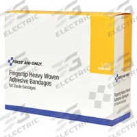 FIRST AID ONLY Adhesive Bandage: Fingertip Bandages, 1 3/8 in Wd, 2 in Lg, Not Metal Detectable (MPN 1-950). Key specifications — Product Type: Fingertip Bandages; Unitized: Unitized; Water Resistance: Not Water Resistant; Brand: FIRST AID ONLY; Latex Content: Latex Free; Metal Detectable: Not Metal Detectable; Package Type: Box; Manufacturer Part Number: 1-950.