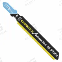 BOSCH Jigsaw Blade: 24, 3 1/4 in Blade Lg, Carbide, Bi-Metal, Rigid for Straight Cuts Cutting Edge (MPN T118AHM1). Key specifications — attr1097716: Solid Stock; attr1097715: Carbide; attr1097719: 24; attr1097721: Bi-Metal; attr1097728: BOSCH.