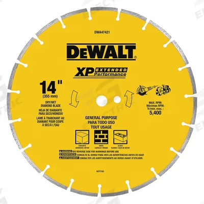 DEWALT Diamond Saw Blade: 14 in Blade Dia., 1 in Arbor Size, Dry, For Masonry Saw - Tile-Cutting Blades