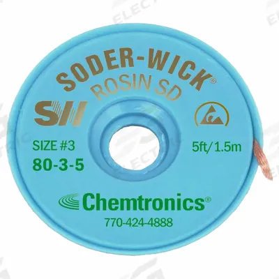 CHEMTRONICS Desoldering Braid: Rosin Flux, # 3, 0.08 in, 5 ft, Green - Rosin Flux Desoldering Braids