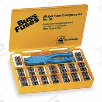 BUSSMANN Fuse Kit: Includes Series FNQ/FNQ-R/KTK-R, CC/Midget Fuses, 0.5 A – 30 A Range (MPN NO.36). Key specifications — Fuse Series Included: KTK-R; Tool Included: FP-2 Fuse Puller; Brand: BUSSMANN; Tools Included: Fuse Puller.
