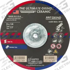SAIT Abrasive Grinding Wheel: Type 27, 9" x 1/4" x 7/8", Ceramic, 24 Grit, Ultimate Grind Ceramic (MPN 20219). Key specifications — Series: Ultimate Grind Ceramic; Brand: UNITED ABRASIVES-SAIT.