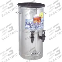 BUNN Tea Concentrate Dispenser: 2 gal Capacity, 2 Dispensers, 16 3/4 in Overall Dp, 23 in Overall Ht (MPN 37750.0002). Key specifications — attr440077: Cold; attr440054: Faucet; attr440063: Stainless Steel; attr440050: BUNN.