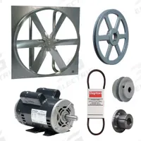 Exhaust Fan with Drive Package: Belt Drive, 48 in Blade, 2 hp, 27,474 cfm, 115/208-230V AC, 1 ph (MPN 7CF43). Key specifications — Frame Finish: Zinc Plated; Assembled: Unassembled; Brand: DAYTON; Nameplate Voltage: 115/208-230V AC; Frame Material: Steel; Guard Type: None; Motor Insulation: Class B; Motor Enclosure: Open Dripproof.