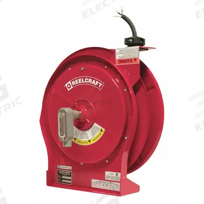 REELCRAFT Extension Cord Reel: Ratchet Lock, 50 ft Cord Lg, 12 AWG, SJEOOW, Bare Wire Cord Lg - Hardwired Self-Retracting Cord Reels