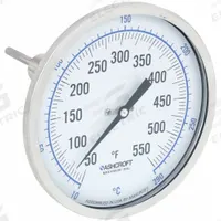 ASHCROFT Dial Thermometer: 50°F to 550°F /10°C to 290°C, ±1% Accuracy, 2.5 in Stem Lg, 5 in Dial Dia (MPN 50EI60E). Key specifications — Accuracy: ±1 %; Brand: ASHCROFT.