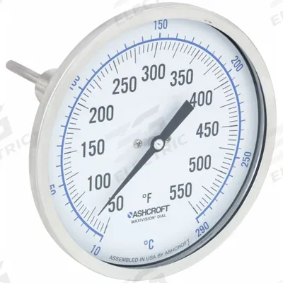 ASHCROFT Dial Thermometer: 50°F to 550°F /10°C to 290°C, ±1% Accuracy, 2.5 in Stem Lg - Adjustable-Angle Thread-Mount Dial Thermometers