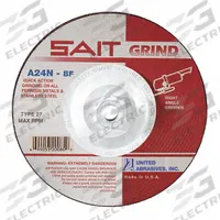 SAIT Depressed Center Grinding Wheel: Type 27, 4 1/2" x 1/4" x 5/8"-11, Aluminum Oxide, 24 Grit (MPN 20160). Key specifications — Series: A24N; Brand: UNITED ABRASIVES-SAIT.