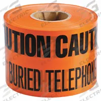APPROVED VENDOR Underground Marking Tape: 1,000 ft Tape Lg, Orange, Polyethylene (MPN 91297). Key specifications — Message: Caution Buried Telephone Line Below; Material: Polyethylene.