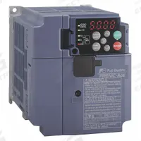 FUJI ELECTRIC Variable Frequency Drive: In Phase Three, Out Phase Three, 5 hp, No Bypass, Heat Sink (MPN FRN0007E2S-4GB). Key specifications — Style: Heat Sink; Color: Black/Blue/Gray; Output Phase: Three.
