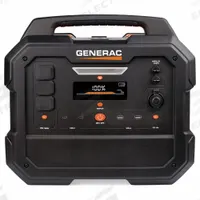 GENERAC Power Station: 1,600 W Rated Watt, 3,200 W Surge Watt, 2,106 Wh Capacity, 3 AC Receptacles (MPN 8026). Key specifications — Parallel Configuration Capable: Yes; Includes: Car Charger Cord; Includes Wireless Charging: Yes.
