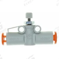 SMC Speed Controller: In-Line Fitting, Knob, M5 Valve Body Size, 1/4 in Push to Connect Tube, 1/4 in (MPN AS1002F-07A). Key specifications — attr947203: Brass/PBT; attr947205: SMC.