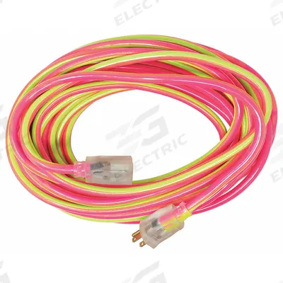SOUTHWIRE Extension Cord: Outdoor Use, 50 ft Lg, Outlet, 5-15P, 12/3, SJTW, Lime Green/Pink - Outdoor Extension Cords with Single Outlet
