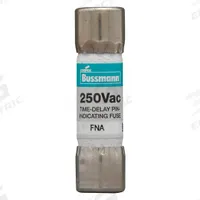 BUSSMANN Fuse: FNA Series, Midget, Time-Delay, 1 A, 250 V AC, 13/32 in x 1 1/2 in, Indicating (MPN FNA-1). Key specifications — Series: FNA; Brand: BUSSMANN.