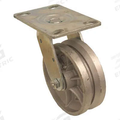 APPROVED VENDOR Plate Caster: Swivel, Iron, 6 in Wheel Dia, 2 in Wheel Wd - V-Groove Track-Wheel Plate Casters