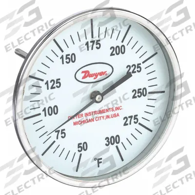 Dwyer Glow-in-the-Dark Dial Thermometer: 50°F to 300°F, +/- 1% Accuracy, 5 in Dial Dia - Fixed-Angle Glow-in-the-Dark Thread-Mount Dial Thermometers