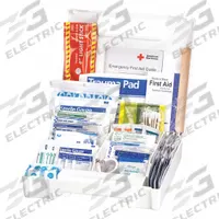 AMERICAN RED CROSS First Aid Kit and Housing: Vehicle, 10 People Served, 138 Components, Plastic (MPN 711340). Key specifications — Adhesive Bandages Included: (60) Bandages; Application: Vehicle; Brand: AMERICAN RED CROSS; Housing Color: White; Housing Material: Plastic; Includes Oral or Inhalant Medication: Medication Included; Mountable: Wall Mount; Oral and Inhalant Medicinals Included: (2) Motion Sickness Relievers.