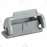 HARTING Rectangular Connector Housing: Size 10 A, Bulkhead Mount, Gray, Aluminum Die-Cast, IP65 (MPN 09200100301). Key specifications — IP Rating: IP65; Size Designation: 10 A; Seal Material: NBR; Locking Type: Single Lever; Brand: HARTING; Primary Material: Aluminum; Operating Temperature Range: -40 to 125 Degrees C.