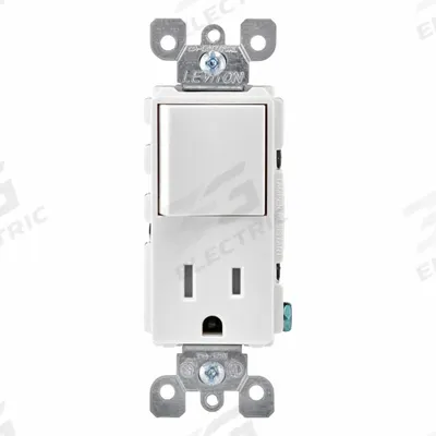 LEVITON Combination Switch/Outlet: Rocker Switch, 5-15R, White, 120V AC - Straight-Blade Outlets & Rocker Switches