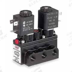 ARO Solenoid Air Control Valve: Alpha, Four-Way / Three-Position, 12V DC, 1/4 in Female NPT, Closed (MPN A312SD-012-D). Key specifications — attr1086925: Closed; attr1092969: Non-Locking; attr1086920: A312SD-012-D; attr1092977: Solenoid Return.