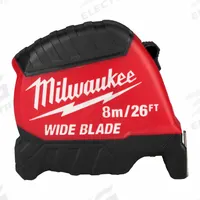 MILWAUKEE Wide Blade Tape Measure: Nonmagnetic Single Hook Tip, 26 ft / 8 m, Plastic, Black/Red (MPN 48-22-1226). Key specifications — attr935324: MILWAUKEE; attr942259: Red; attr935328: 1/16 in; attr935329: Inches; attr935337: Metric/SAE; attr936607: Manual Lock; attr985315: Greater than 5 m; attr972446: Inch/Metric.