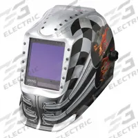 LINCOLN ELECTRIC Welding Helmet: Auto-Darkening, 4 Arc Sensors, Black/Silver, Motorhead, W5 to W13 (MPN K3100-4). Key specifications — Color: Black/Silver; Suspension Adjustment Type: Ratchet; Series: Viking 3350; Graphics: Motorhead; Viewing Area: 3.74 in x 3.34 in; Brand: LINCOLN ELECTRIC; Grind Mode: Yes; Helmet Material: Polycarbonate.