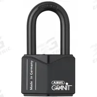 ABUS Padlock: Steel, Unfinished, Black, Long Shackle, Steel, 2 in Vert Clearance, GRANIT (MPN 37HB/55 MK KD). Key specifications — attr1312298: GRANIT; attr1312306: 694; attr1312342: Yes; attr1312346: ABUS.