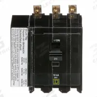 SQUARE D Miniature Circuit Breaker: 20 A, 120/240V AC, Three Phase, 10kA at 120/240V AC, 3 Poles (MPN QOB3201021). Key specifications — Phase: Three; Amps: 20 A; AC Voltage Rating: 120/240V AC; Max. AIR Rating: 10kA at 120/240V AC; For Use With: Square D NQOD Panelboards; Brand: SQUARE D.