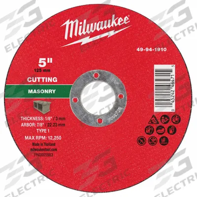 MILWAUKEE Cut-Off Wheel: Type 1, 5" x 1/8" x 7/8", Silicon Carbide - Cut-Off Wheels for Concrete & Masonry