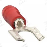 STA-KON Fork Terminals: Red, Nylon, #8 Stud Size, 22 AWG – 16 AWG Wire Range, Flanged Fork, 600 V (MPN RA18-8FS). Key specifications — Barrel Style: Insulation Grip; Manufacturer Part Number: RA18-8FS; Brand: STA-KON; Series: RA1223.