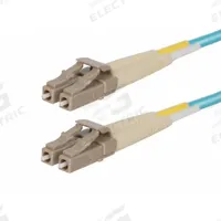 MONOPRICE Fiber Optic Patch Cord: Multi-Mode, 1 m Lg, LC End 1, LC End 2, Aqua, PVC, 2 Fiber Count (MPN 41694). Key specifications — Fire Rating: Riser; Jacket Material: PVC; Number of Fibers: Duplex; Brand: MONOPRICE; _Fiber Optic Cable Style: 50/125µ OM4.