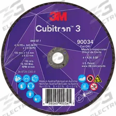 3M CUBITRON 3 Abrasive Cut-Off Wheel: Type 1, 4" x 0.045" x 3/8", Ceramic, 36 Grit (MPN 90034). Key specifications — Brand: 3M CUBITRON 3.