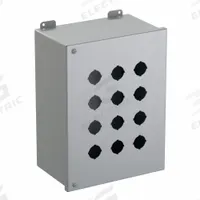 HAMMOND Push Button Enclosure: 30mm, 12 Holes, Carbon Steel, NEMA 12 (MPN 1489P12). Key specifications — attr211299: HAMMOND; attr1043605: Indoor Dust & Water Droplets.
