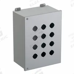 HAMMOND Push Button Enclosure: 30mm, 12 Holes, Carbon Steel, NEMA 12 (MPN 1489P12). Key specifications — attr211299: HAMMOND; attr1043605: Indoor Dust & Water Droplets.