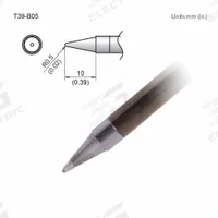 HAKKO Soldering Tip: T39 Series, Conical, 0.5 mm W, 10 mm Lg (MPN T39-B05). Key specifications — Brand: HAKKO; Compatible Handpiece Manufacturer Model Number: FX-9701; Manufacturer Part Number: T39-B05.