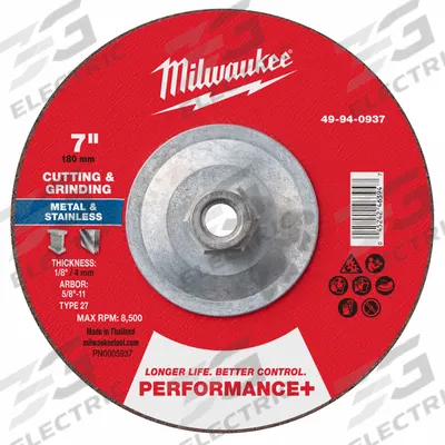MILWAUKEE Cut-Off & Grinding Wheel: Type 27, 7" x 1/8" x 5/8"-11, Zirconia Alumina - High-Performance Combination Wheels for Carbon & Stainless Steel