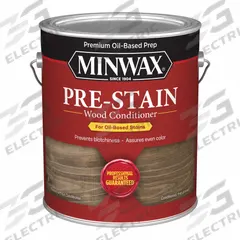 MINWAX Pre-Stain: Pre-Stain Conditioner, Interior, Oil, 1 gal Container Size, Wood, Clear, Clear (MPN 11500000). Key specifications — Brand: MINWAX; Transparency: Clear; Use Location: Interior; Sub-Brand: Pre-Stain Wood Conditioner; Color: Clear; Resin Type: Polyurethane.