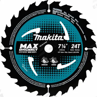 MAKITA Circular Saw Blade: 7 1/4 in Blade Dia., 24 Teeth, 0.06 in Cut Wd, 5/8 in Arbor Size - Wood-Cutting Blades