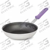 VOLLRATH Fry Pan: Non-Stick, 8 in Top Dia, Aluminum, Black/Silver, Silicone, NSF Certified, Aluminum (MPN T400880). Key specifications — Brand: VOLLRATH; Handle Color: Purple; NSF Certified: Yes; Product Type: Fry Pan; Body Color: Black/Silver; Handle Material: Silicone; Body Material: Aluminum; Handle Type: Riveted.